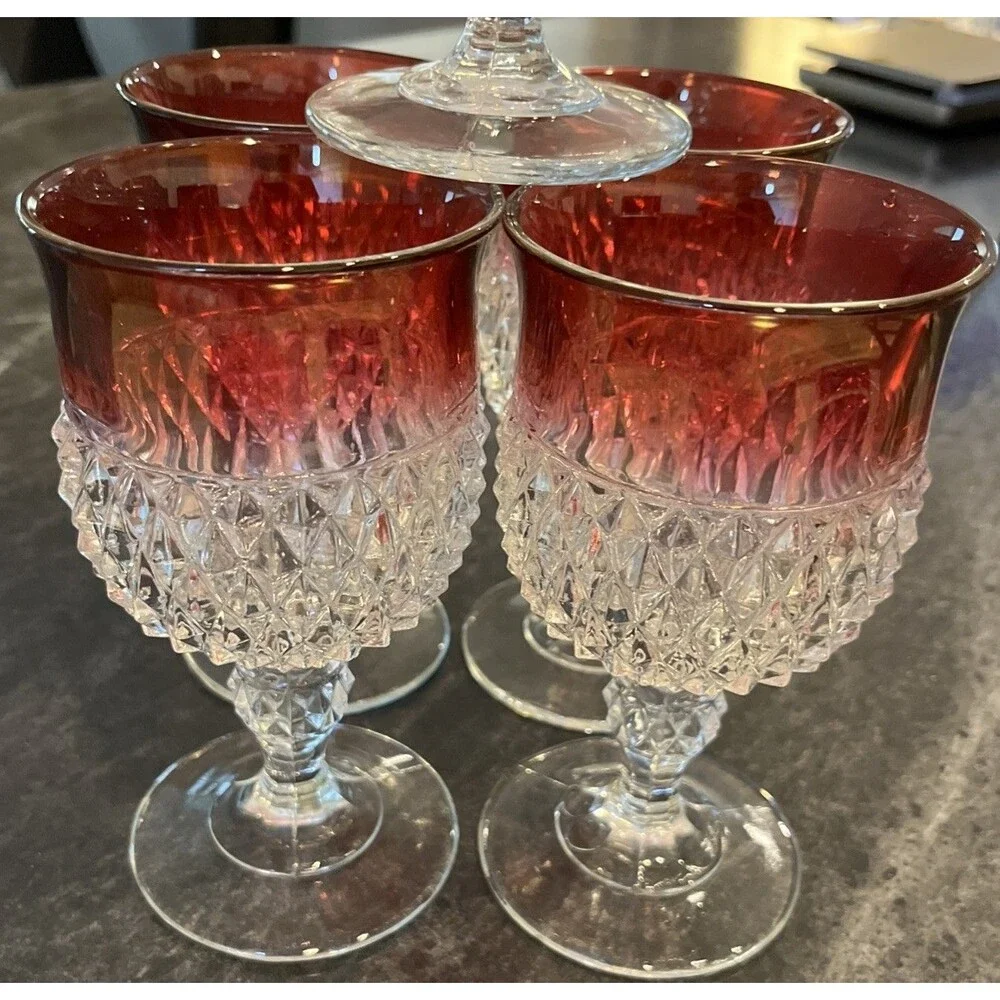 VNTG set of 5 Diamond Point & Ruby Red Flash Water Wine Goblets  Indiana Glass